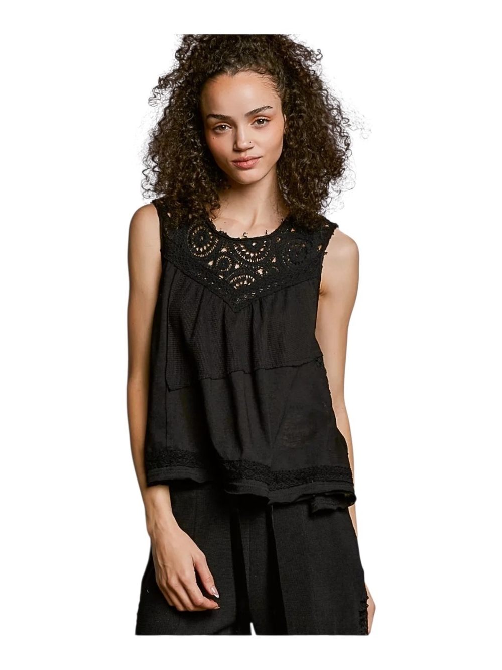 POL Black Crochet Yoke Tiered Sleeveless Camisole